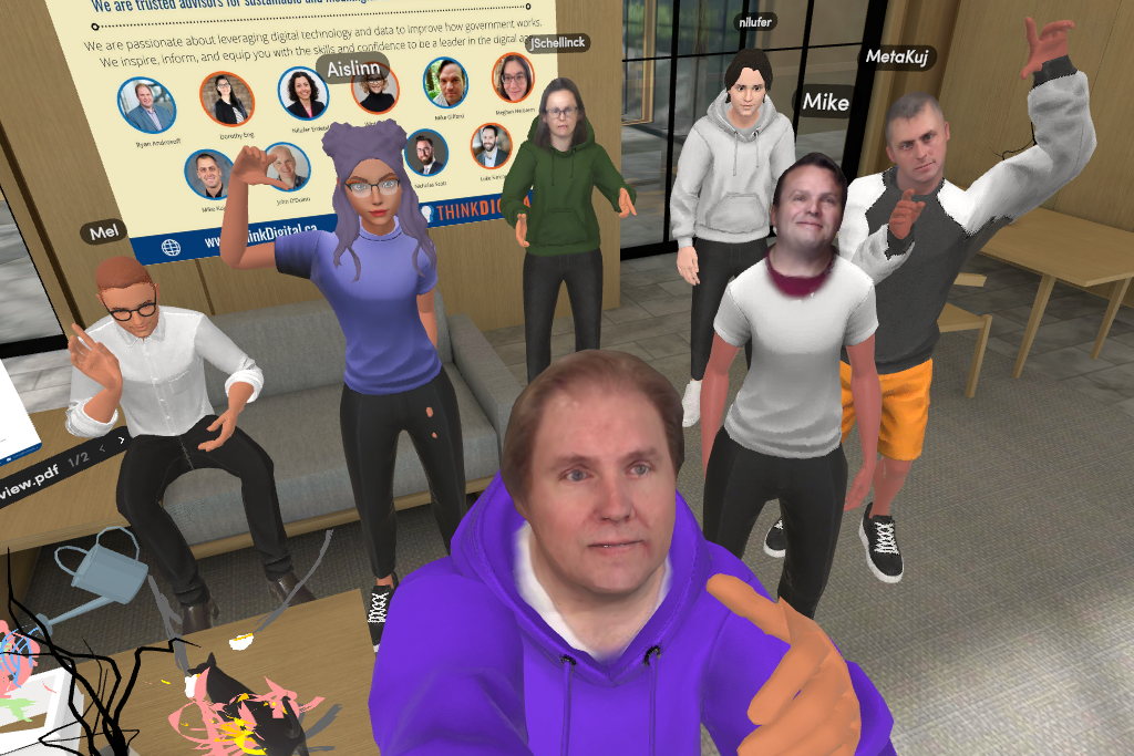 Avatar images of 7 members of the Think Digital team taking a selfie in the Think Digital Metaverse Office.